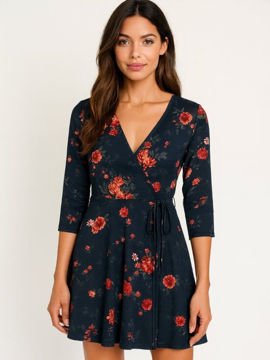 Charming Charlie's Women’s Wrap Dress Large Floral 3/4 Sleeve Fit & Flare - Picture 1 of 10